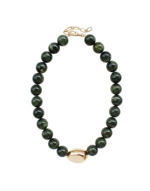 Green Natural Stone with Gold Hammered Accent Beaded Necklace, 17 in.