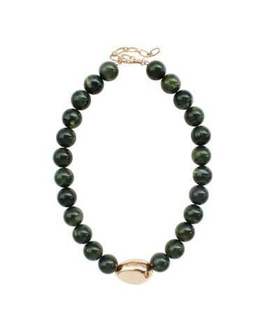 Green Natural Stone with Gold Hammered Accent Beaded Necklace, 17 in.