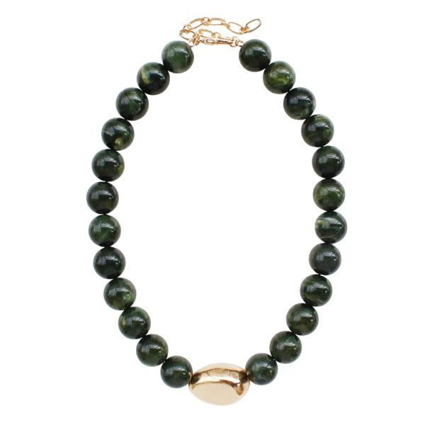 Green Natural Stone with Gold Hammered Accent Beaded Necklace, 17 in.