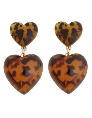 Double Heart Drop Earring, Cheetah Print Acrylic