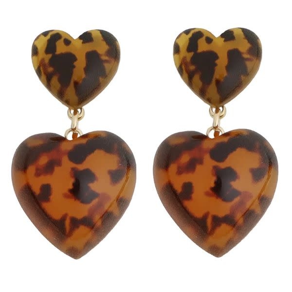 Double Heart Drop Earring, Cheetah Print Acrylic