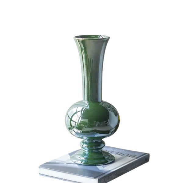 Rounded Vase w/ Pedestal Base Green Electroplating, 14 in.