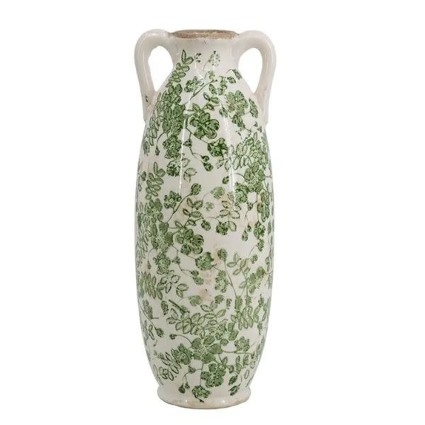 Ceramic Flower Vase Floral Pattern & Handles, White, 14 in.