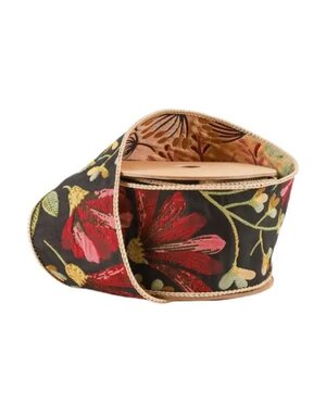 LA Ribbons Wholesale Reversible 2.5 in. Wired Ribbon, Forest Pale Gold/Black and Floral Tapestry, 5 Yard Roll
