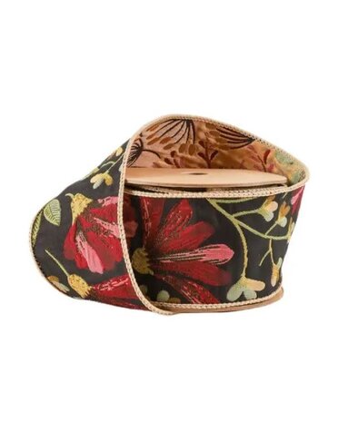 LA Ribbons Wholesale Reversible 2.5 in. Wired Ribbon, Forest Pale Gold/Black and Floral Tapestry, 5 Yard Roll