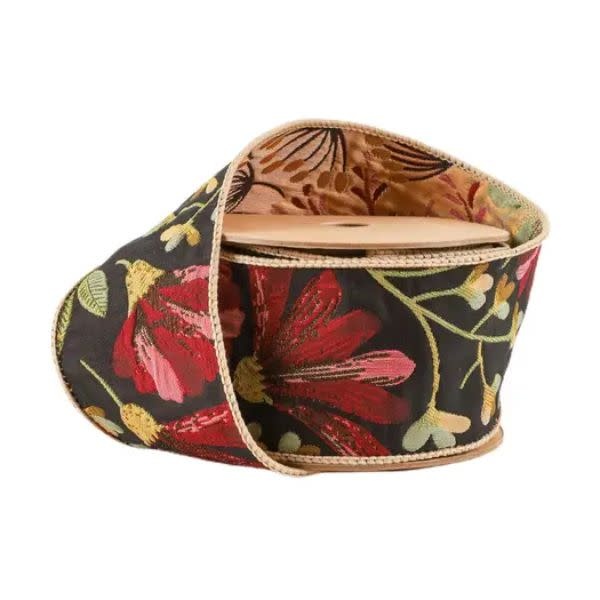 LA Ribbons Wholesale Reversible 2.5 in. Wired Ribbon, Forest Pale Gold/Black and Floral Tapestry, 5 Yard Roll