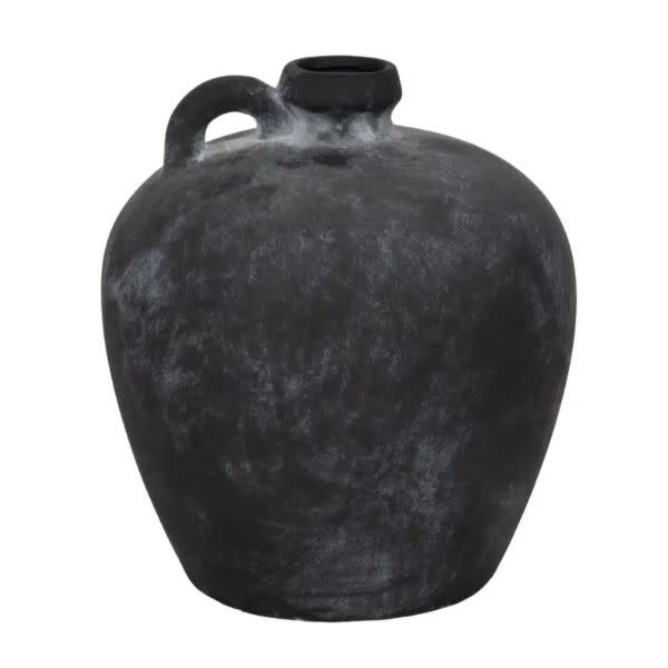 Abstract Weathered Terracotta Jug with Handle, Black, 12 in.