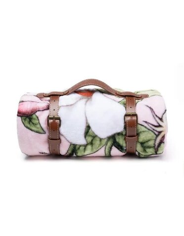 Blue Stallion Farm Flannel Fleece Throw Blanket in Leather Holder, Jasmine Joy