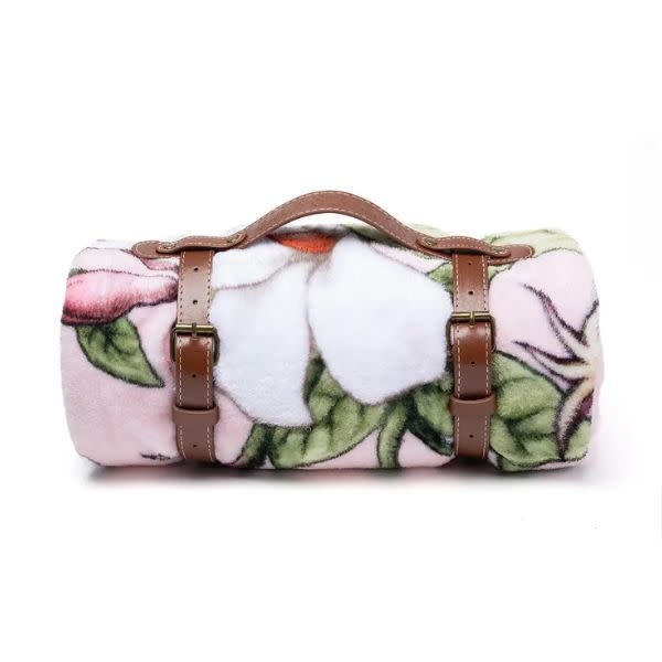 Blue Stallion Farm Flannel Fleece Throw Blanket in Leather Holder, Jasmine Joy