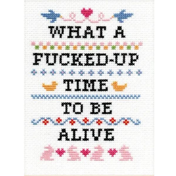 Subversive Cross Stitch Deluxe Cross Stitch Kit, What A F*Cked Up Time To Be Alive
