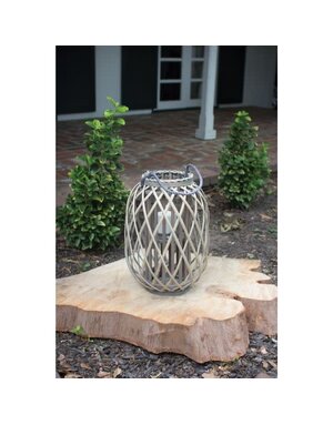 Grey Willow Lantern with Glass, Small, 16 in.