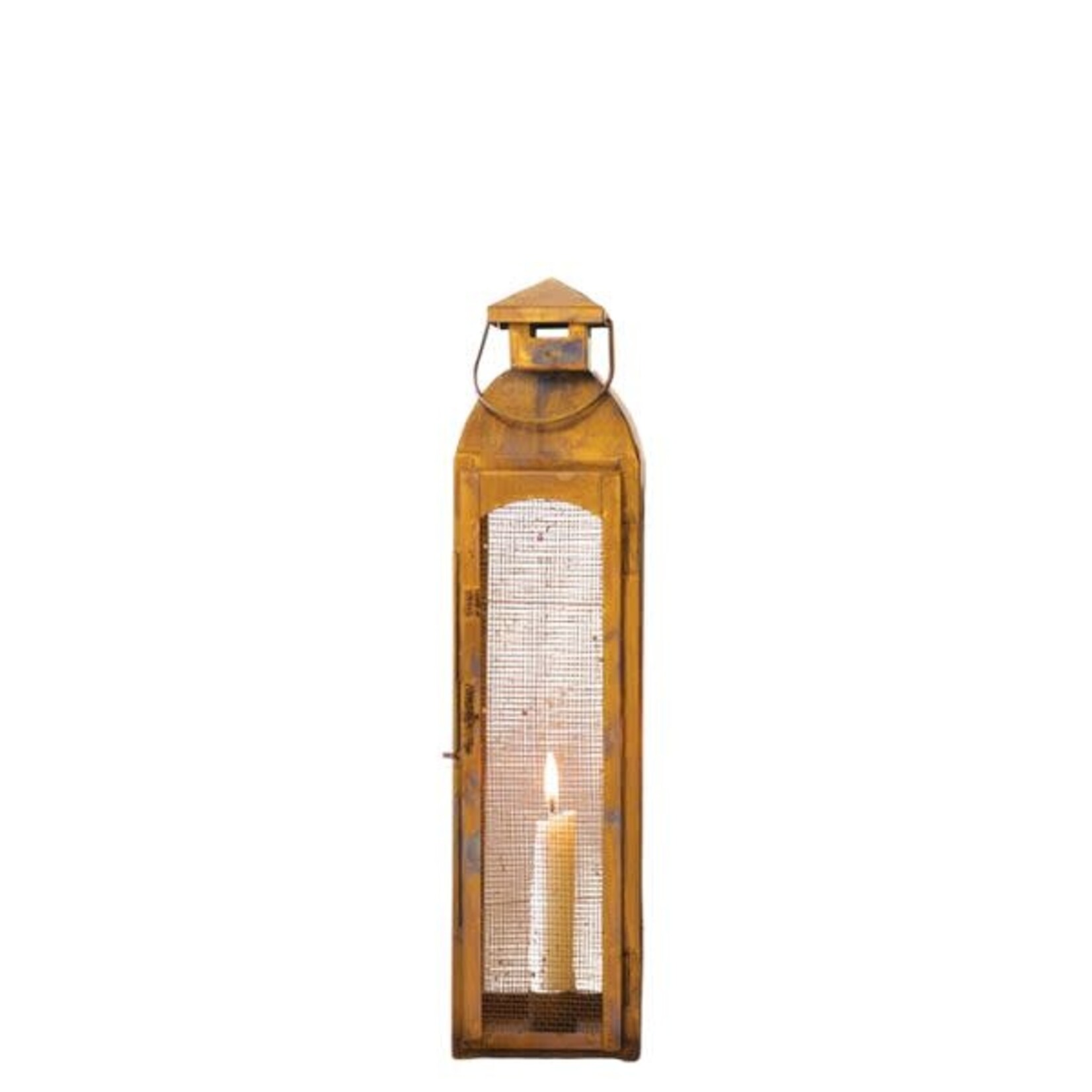 Taper Candle Lanterns w/ Wire Screen, Antique Brass, Small, 15 in.