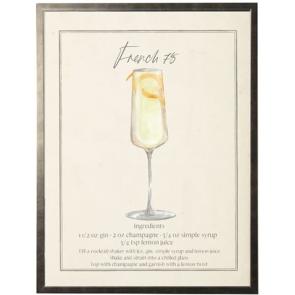 Antique Curiosities Inc Watercolor French 75 Cocktail and Recipe Artwork, 8 X 10 in.
