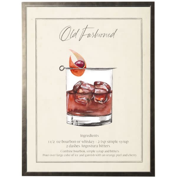 Antique Curiosities Inc Watercolor Old Fashioned Cocktail and Recipe Artwork, 8 X 10 in.