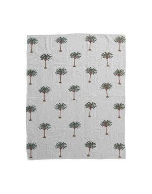Linen Throw with Palm Trees, Natural, Green & Brown, 60 X 50 in.