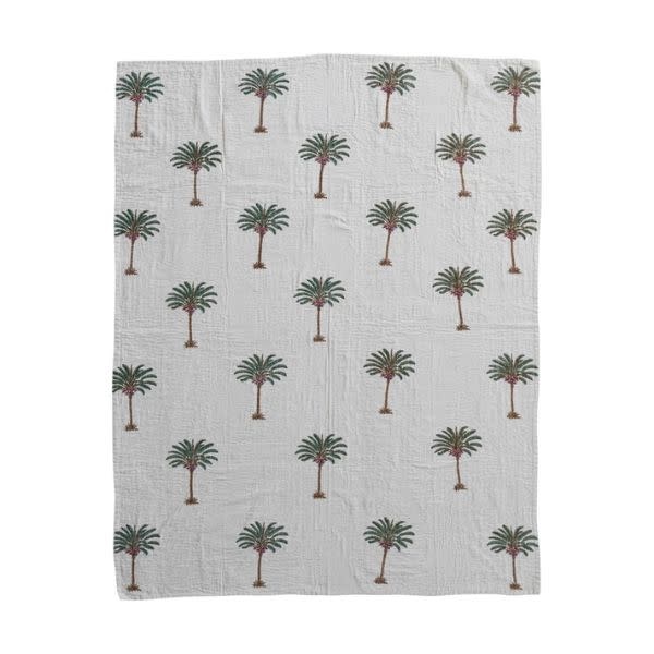 Linen Throw with Palm Trees, Natural, Green & Brown, 60 X 50 in.