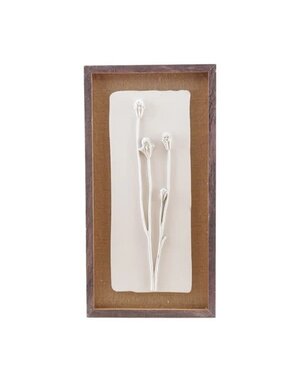 Framed Plaster Cast Botanical & Jute Mat Artwork, White & Brown, 12.5 X 24.25 in.