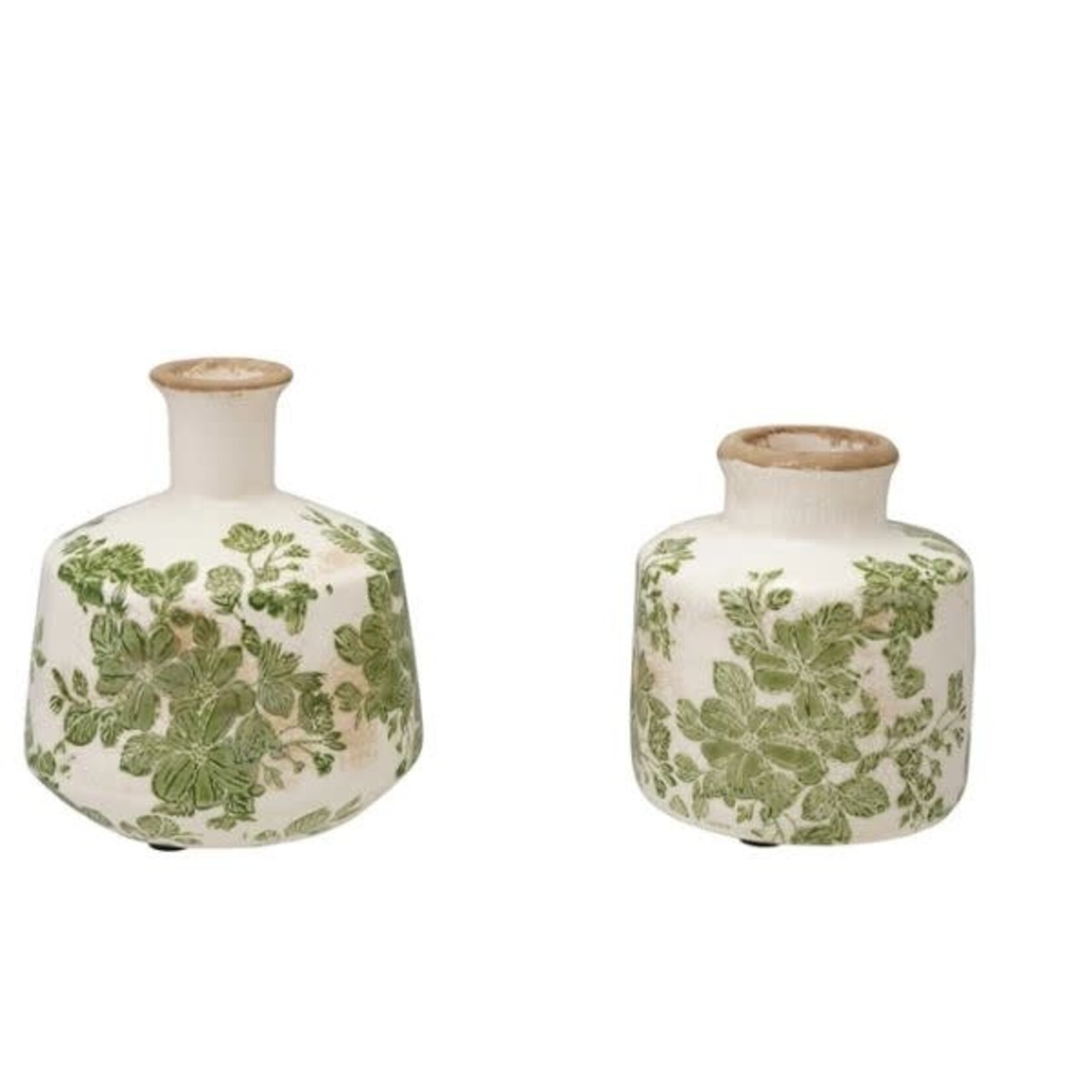 Crackle Glaze Stoneware Vase with Botanicals, Green and White, Assorted Designs 4.5 in.