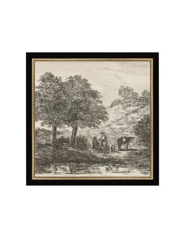 Landscape with Family Under Tree Framed Antique Art, 8 X 8 in.