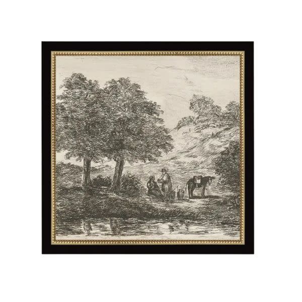 Landscape with Family Under Tree Framed Antique Art, 8 X 8 in.