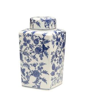 AA Importing Blue and White Floral Square Ginger Jar, 12 in.