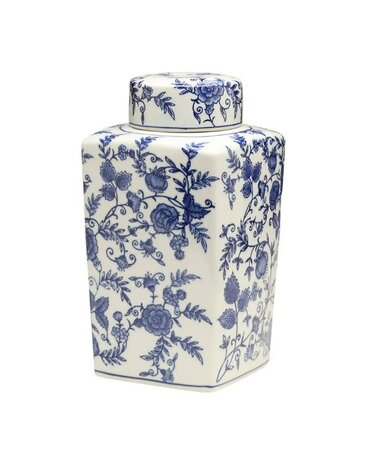 AA Importing Blue and White Floral Square Ginger Jar, 12 in.