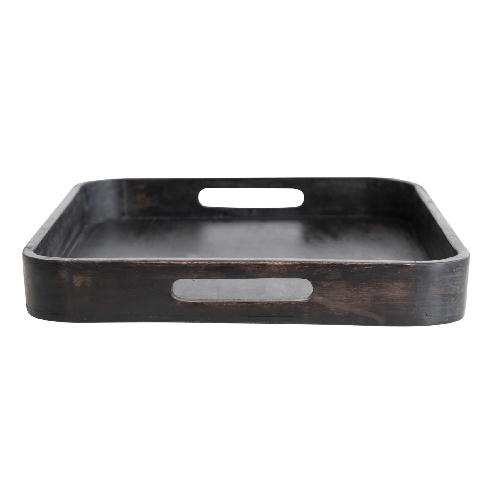 Mango Wood Square Decorative Tray w/ Handles, Black, 15"