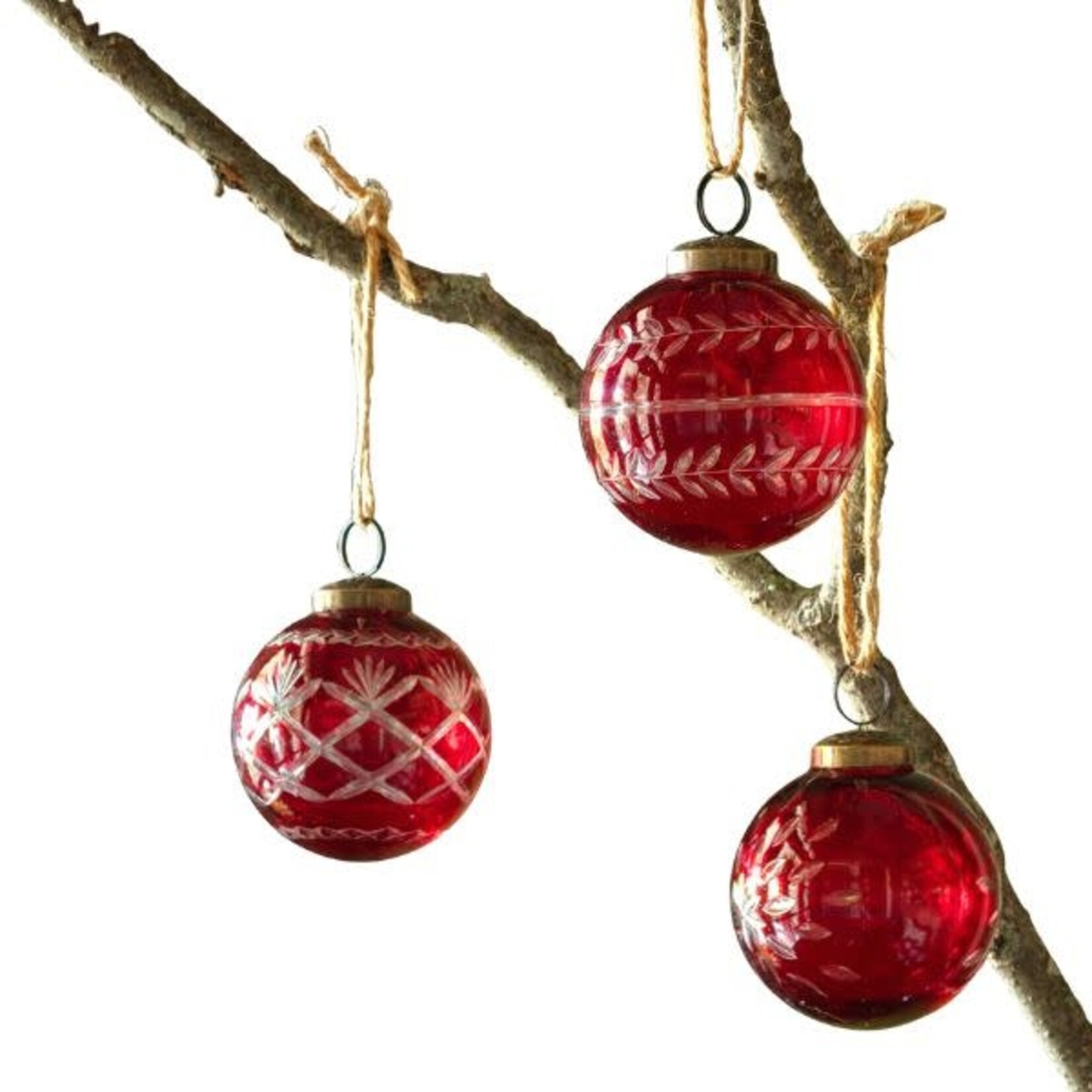 Glass Etched Ball Ornament, 3 in., Christmas Red, Assorted Designs