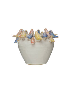 Planter with Colorful 3D Birds on Rim, 7.5"Rnd