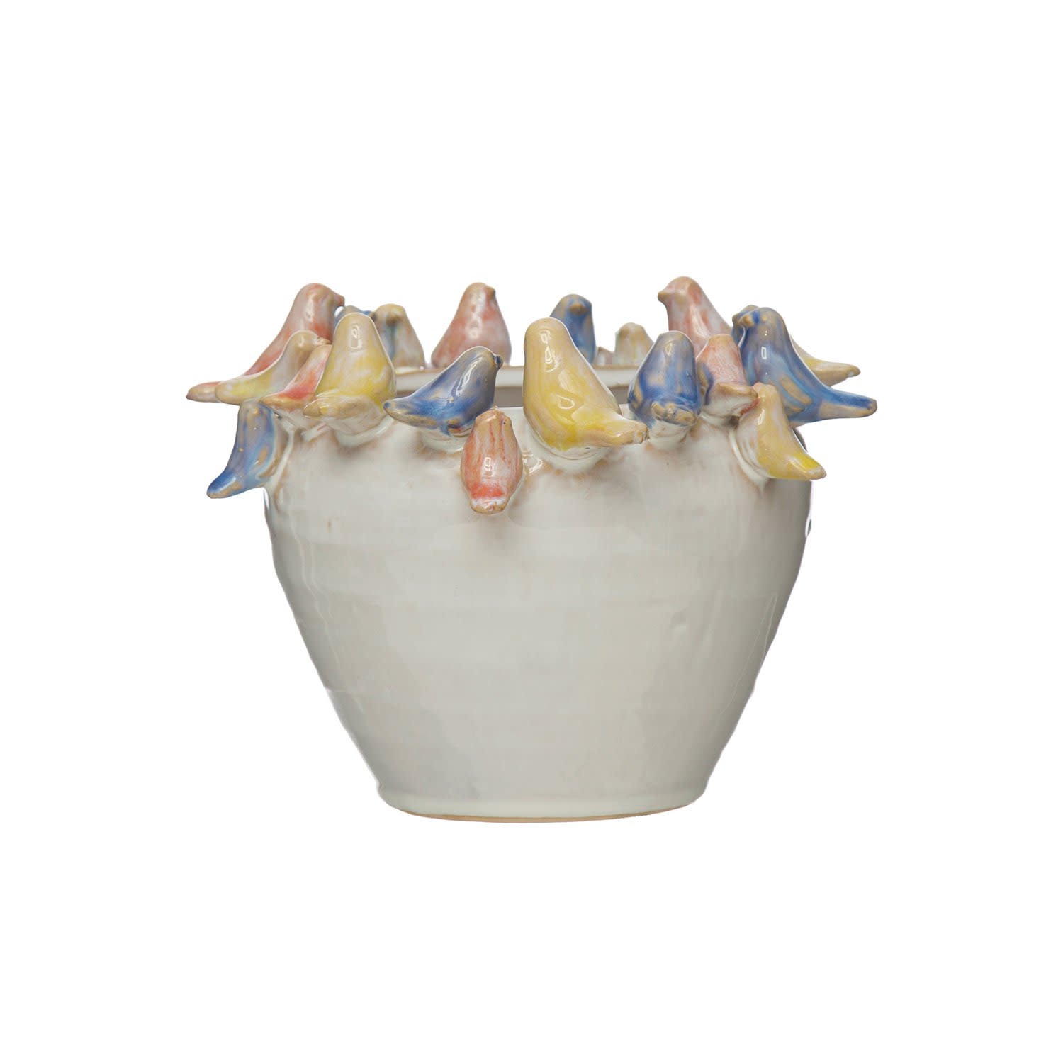 Planter with Colorful 3D Birds on Rim, 7.5"Rnd