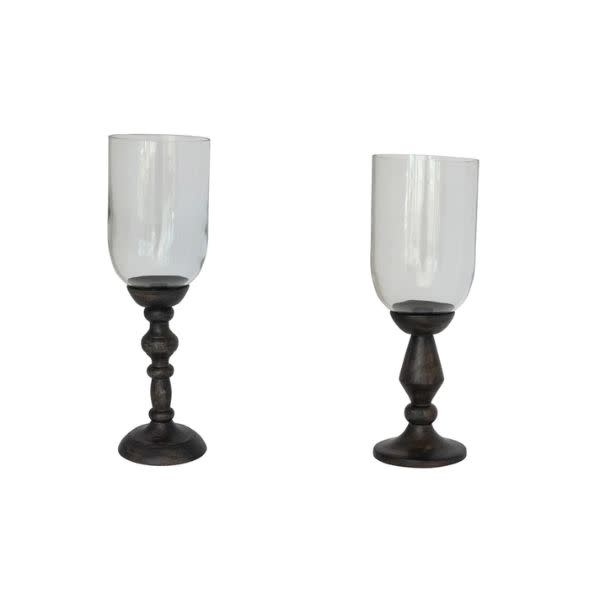 Glass Hurricane with Mango Wood Base, Assorted Style, 14 in.