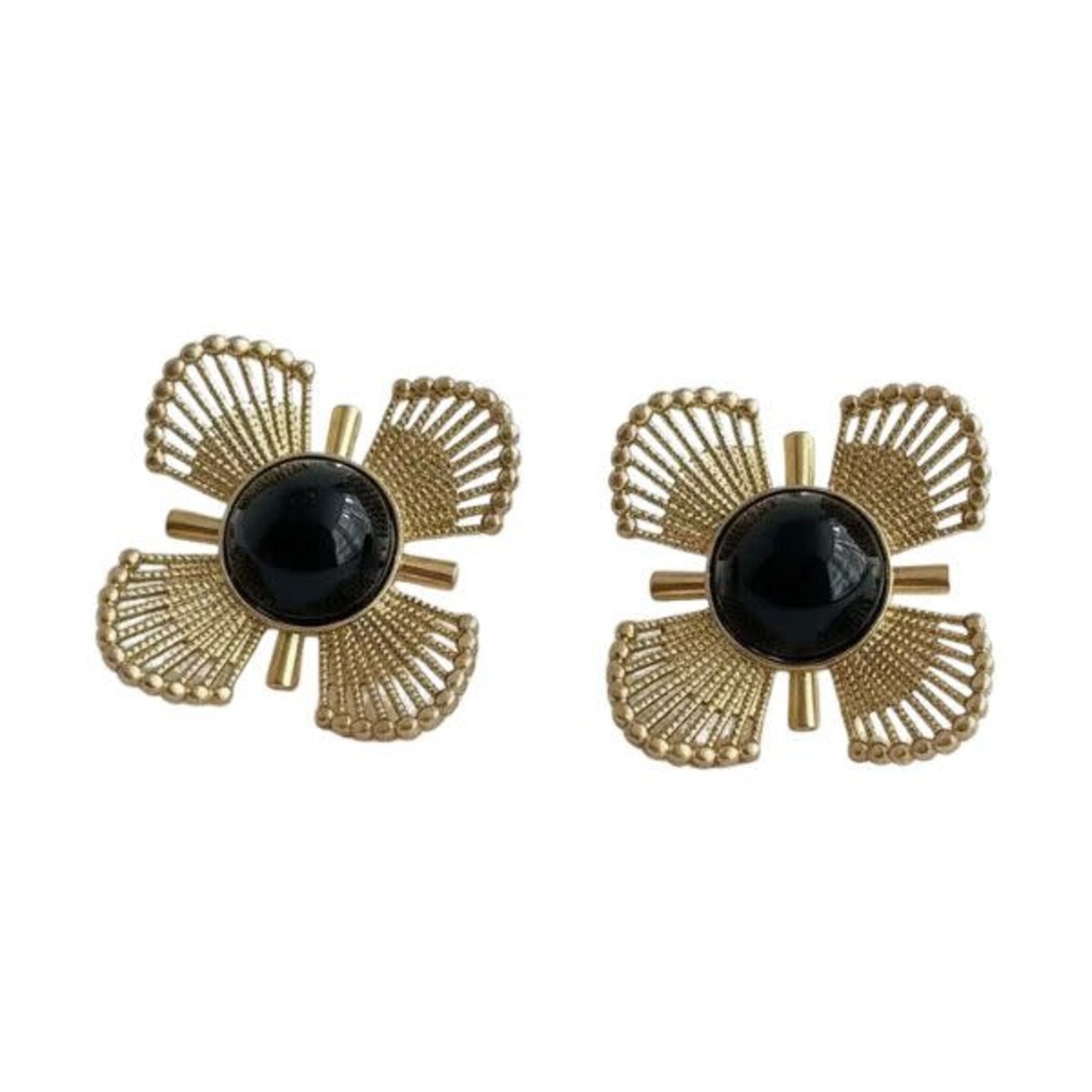 Ellemadera Vintage Floral Design Black Gold Earrings