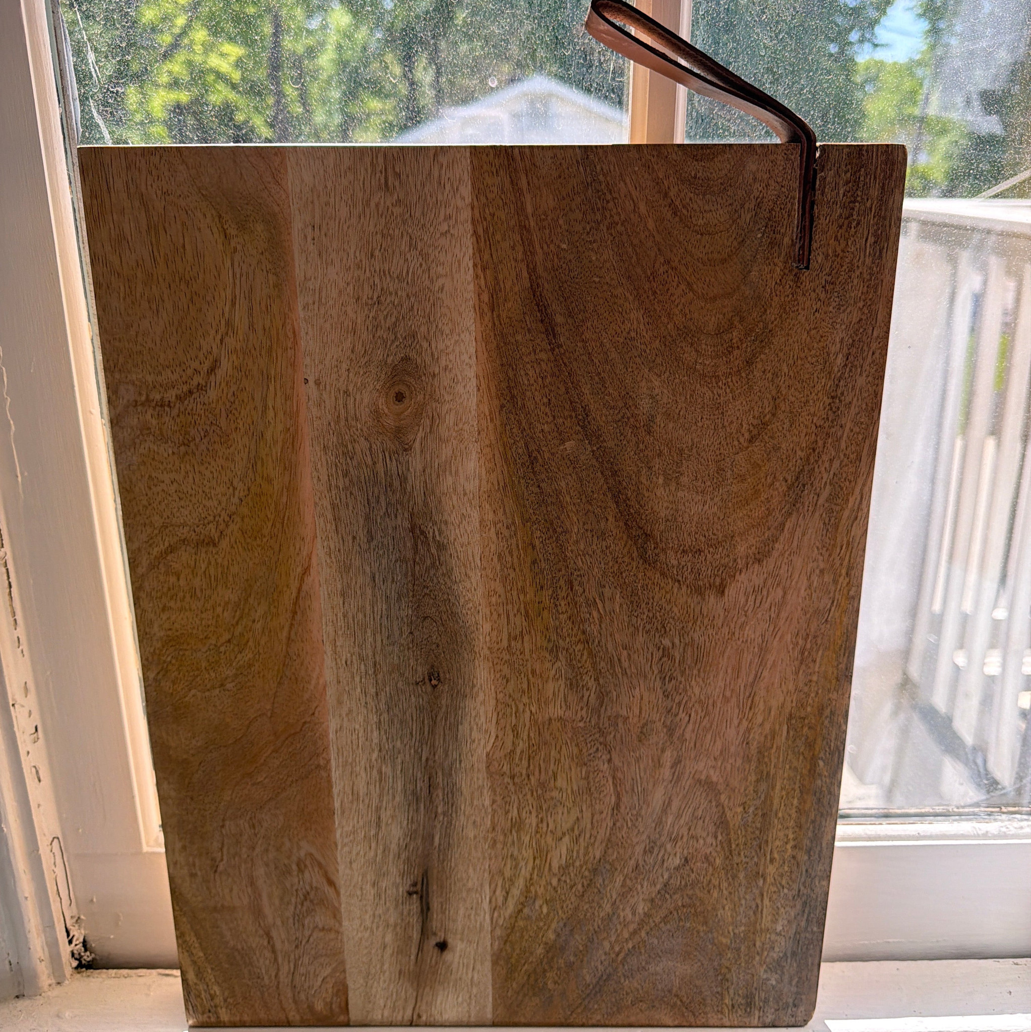 Mango Wood Cheese/Cutting Board with Leather Handle, Natural