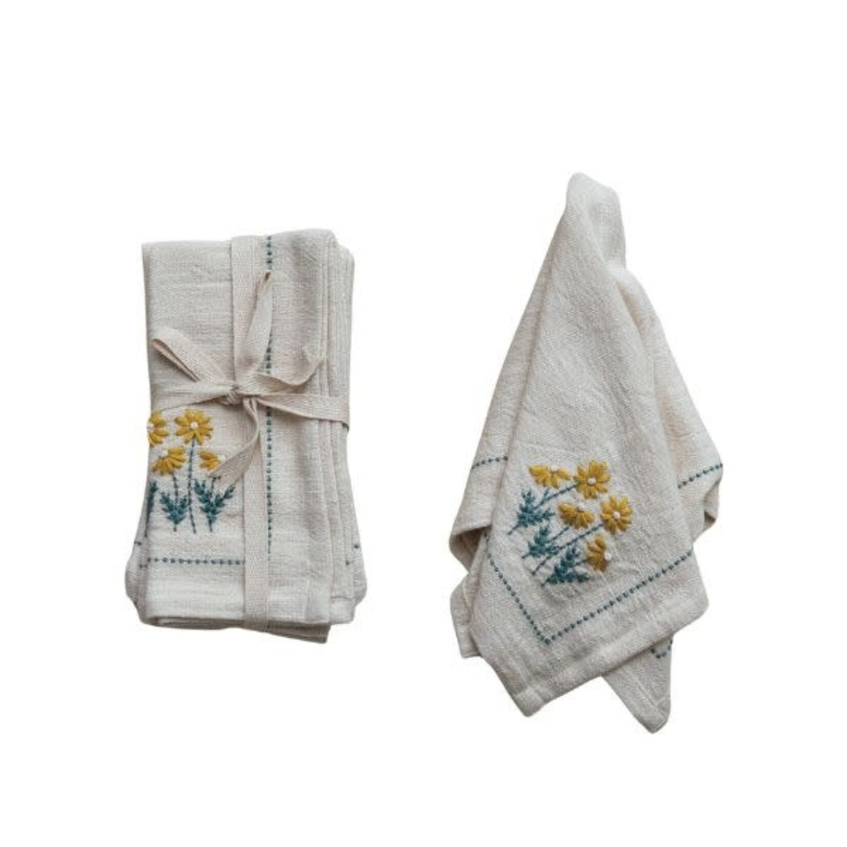 Floral Hand-Embroidered Cotton Napkins, Set of Four