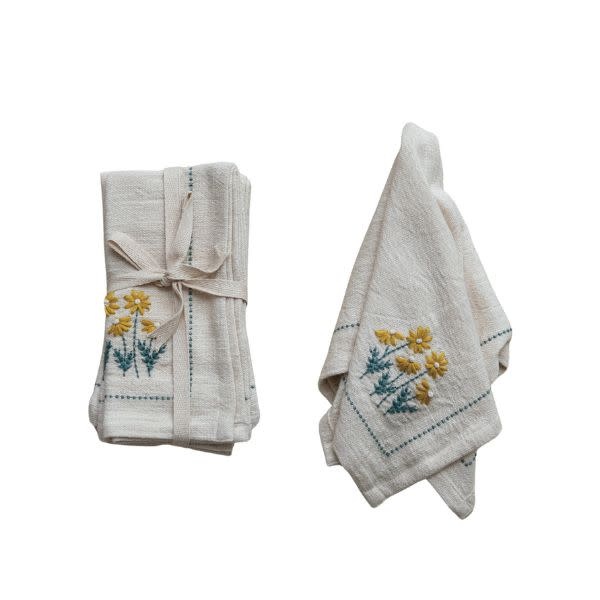 Floral Hand-Embroidered Cotton Napkins, Set of Four