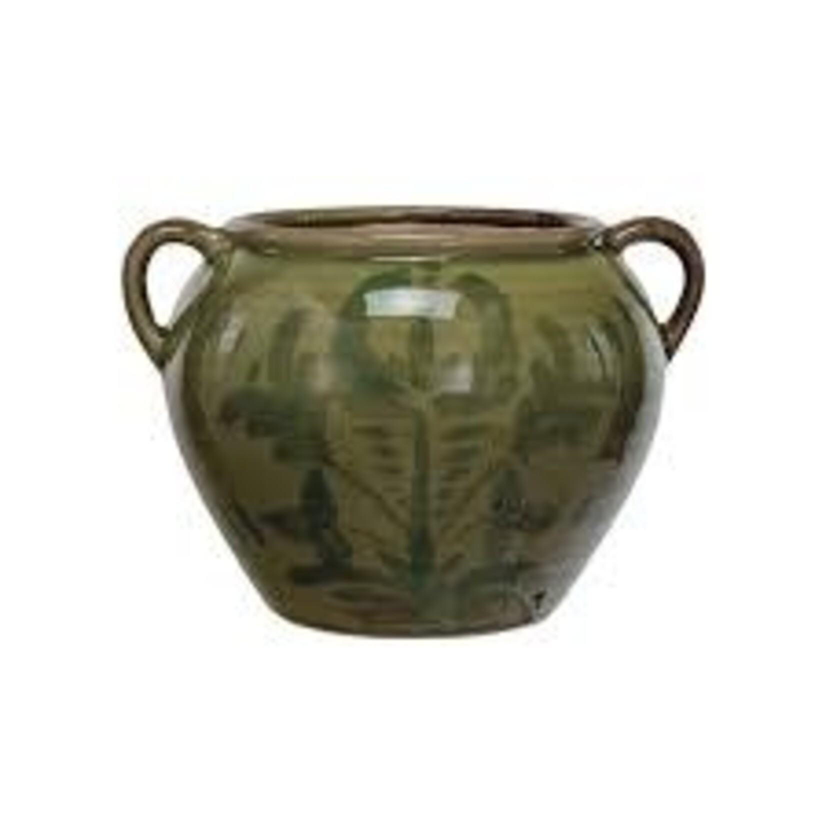 Terra-cotta Urn w/ Handles, Olive Green, 10.75 X 9.25 X 7.75"