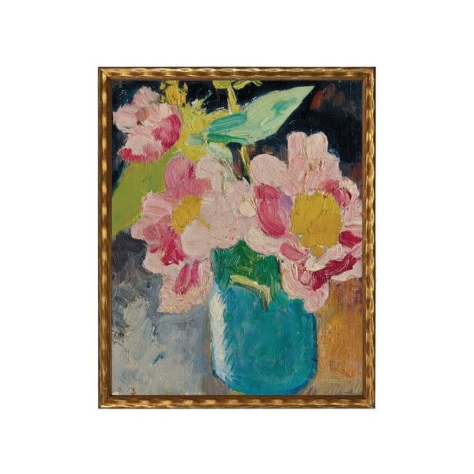 Antique Curiosities Inc Vintage Oil Painting of Flowers in Blue Vase, Beaded Black Frame, 8 X 10 in.