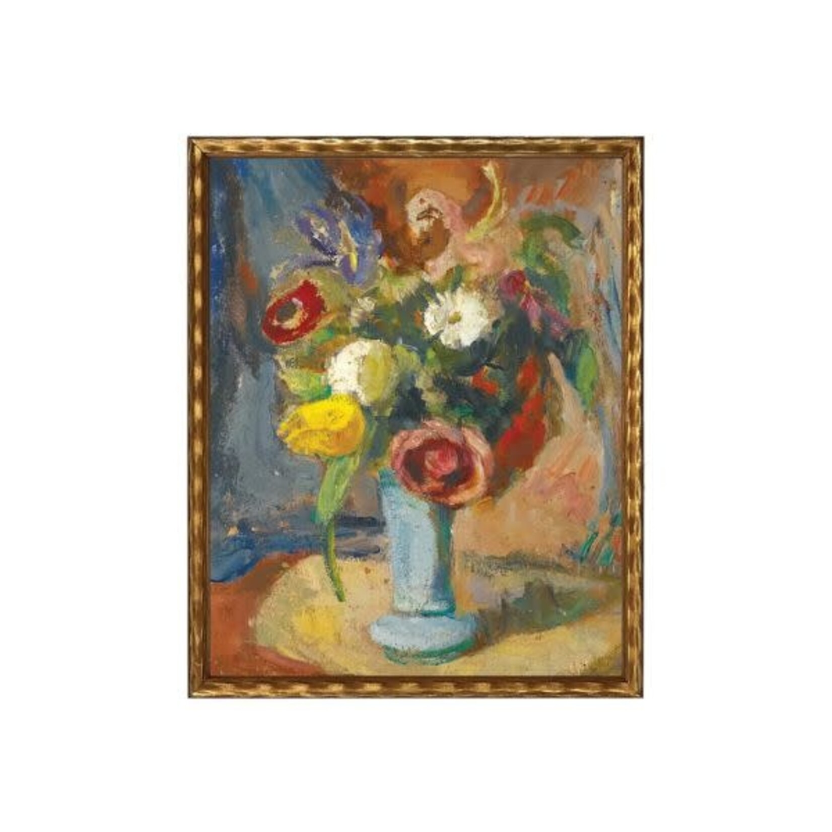 Antique Curiosities Inc Vintage Oil Painting of Flowers in Vase I, Gold Frame with Beads, 12 X 16 in.