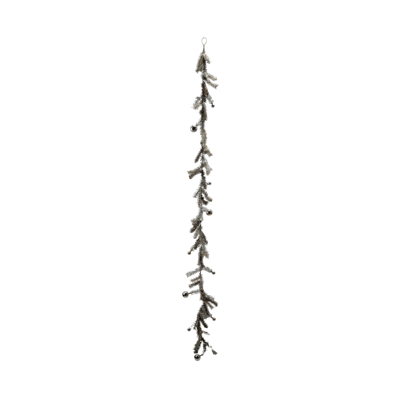 Tinsel Garland w/ Ball Ornaments, Antique Silver, 72"