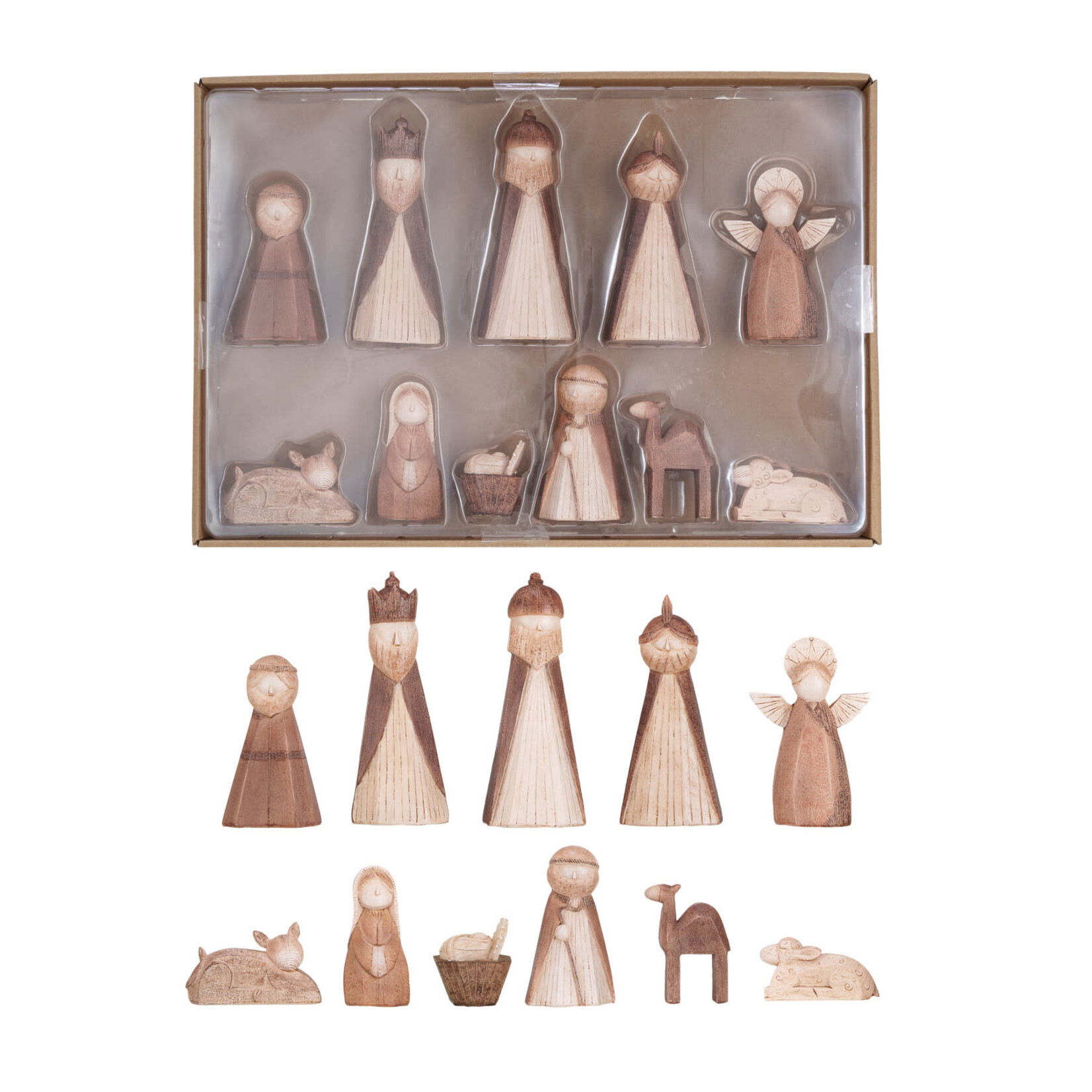 Wood Finish Resin Nativity, Boxed Set of 22, 1.5 - 5"H