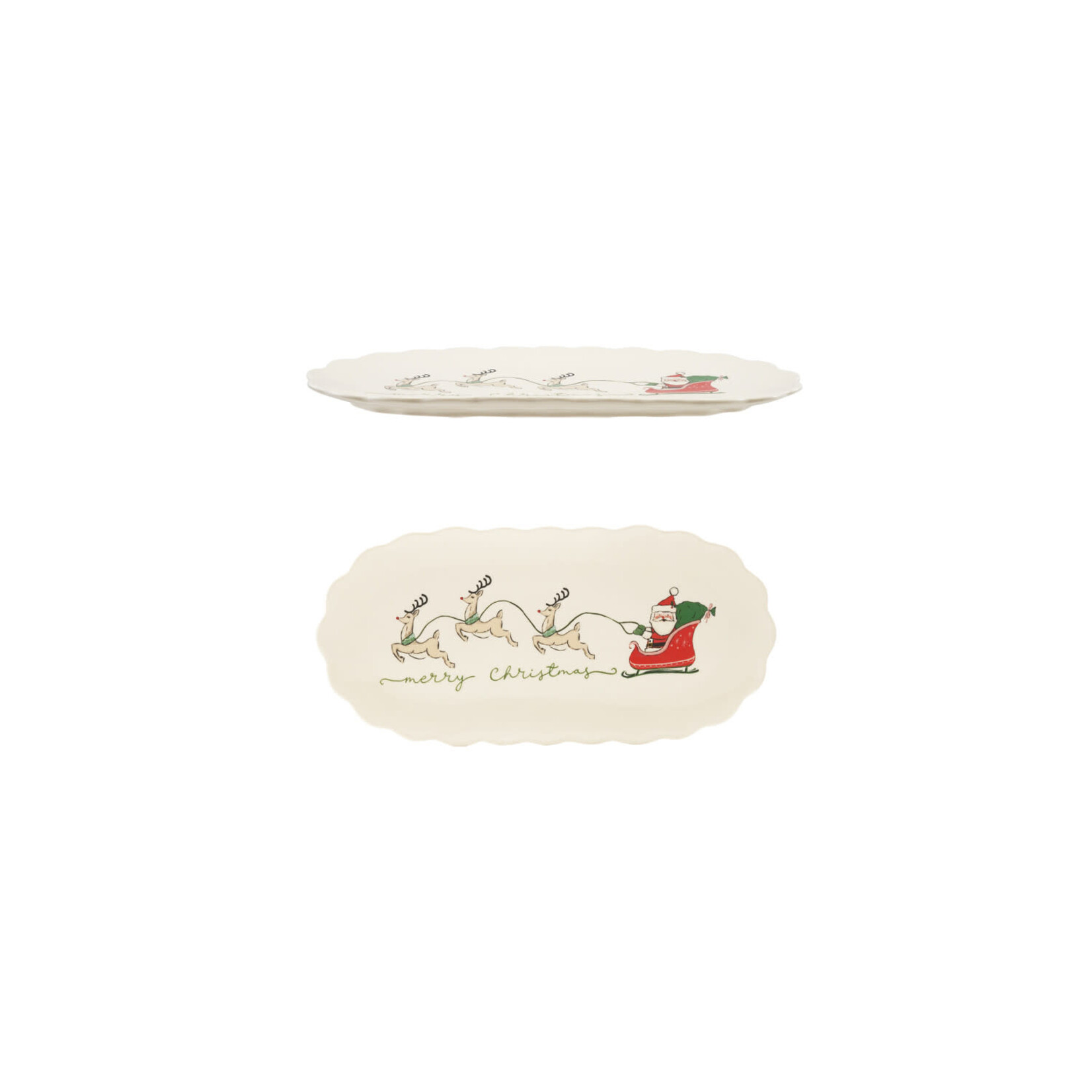 "Merry Christmas" Scalloped Platter w/ Santa's Sleigh & Reindeer, 12"