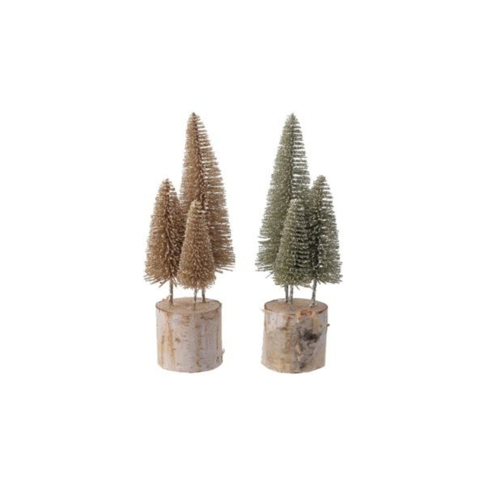 Plastic Bottle Brush Trees with Glitter & Wood Base, 2 Colors, 7.75 in.