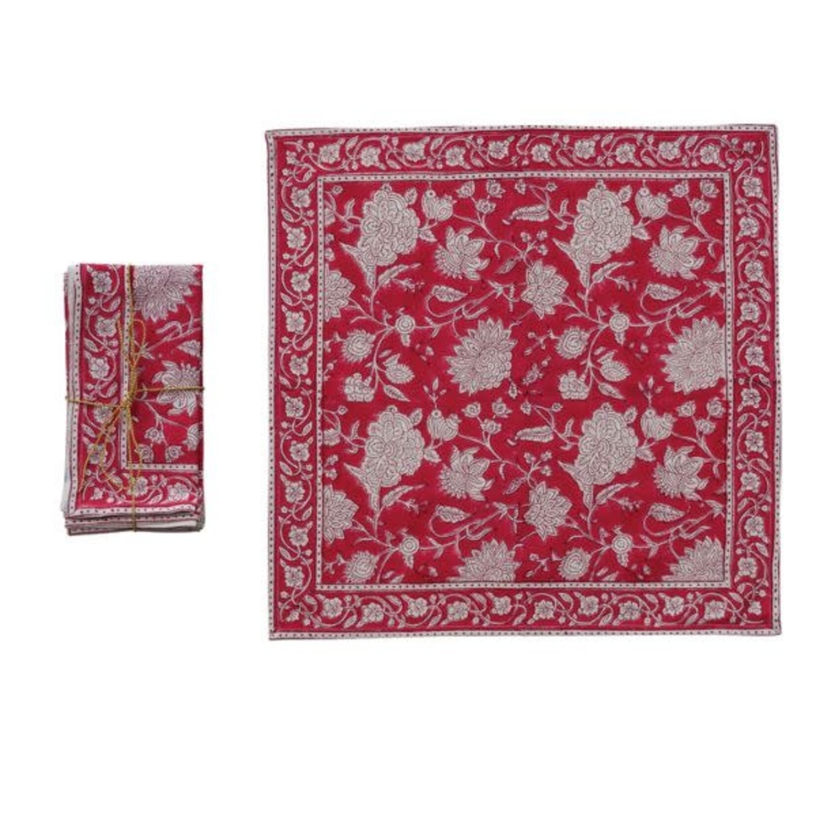 Cotton Block Print Floral Napkins, Red & White, Set of 4, 18 in.