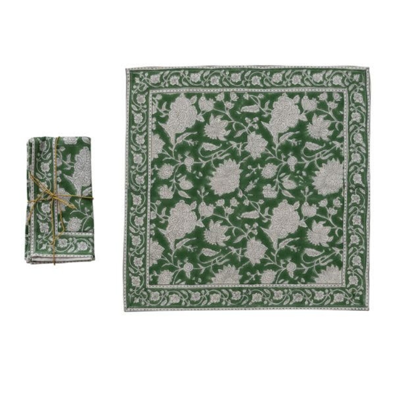 Cotton Block Print Floral Napkins, Green & White, Set of 4, 18 in.