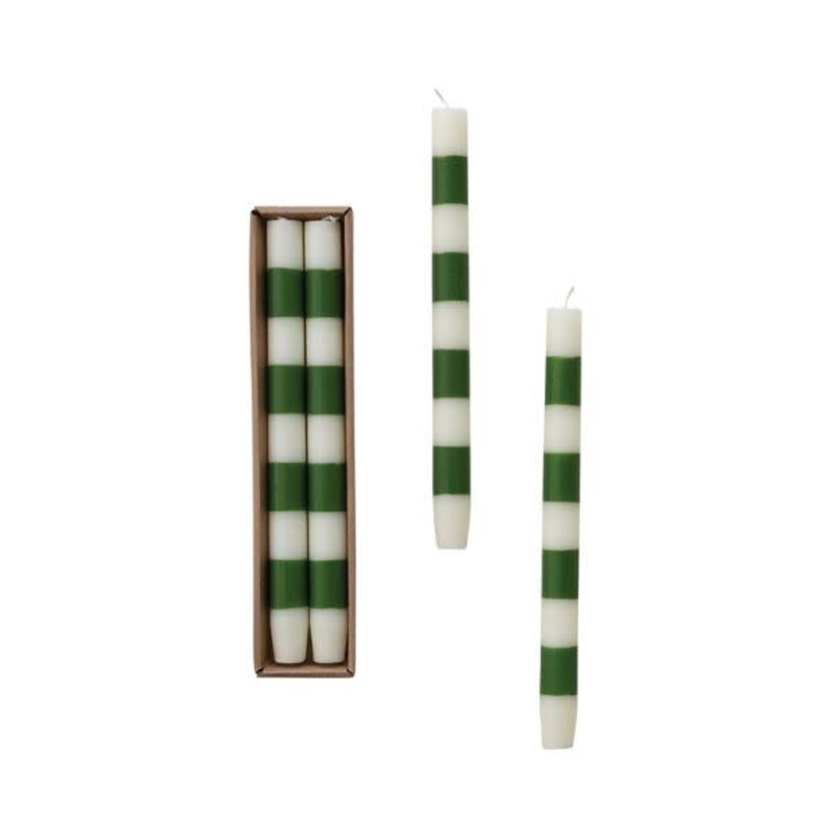 Taper Candles with Stripes, Green, Set of 2, 10 in.