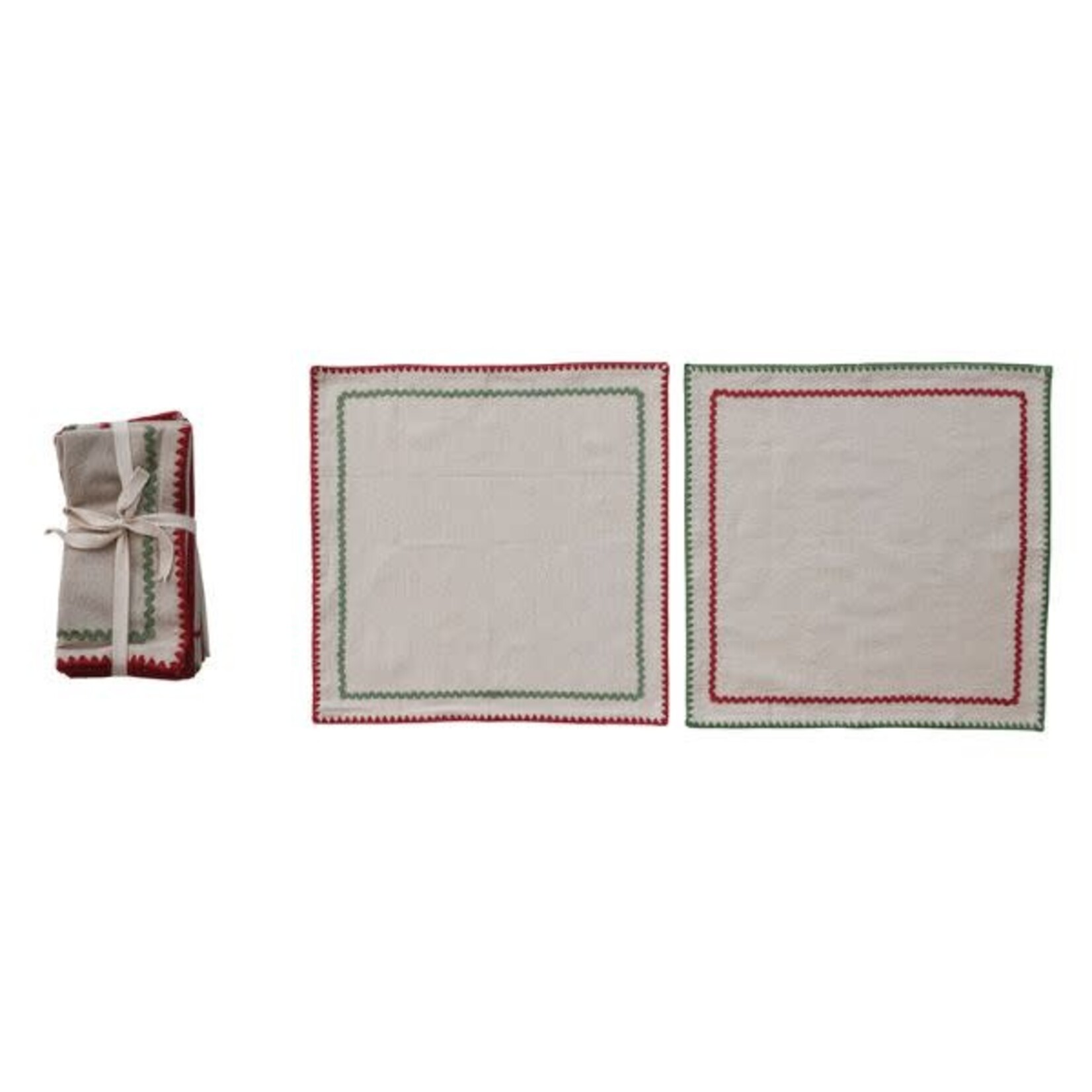Woven Cotton Napkins with Stitched Edge & Ric Rac Trim, Set of 4