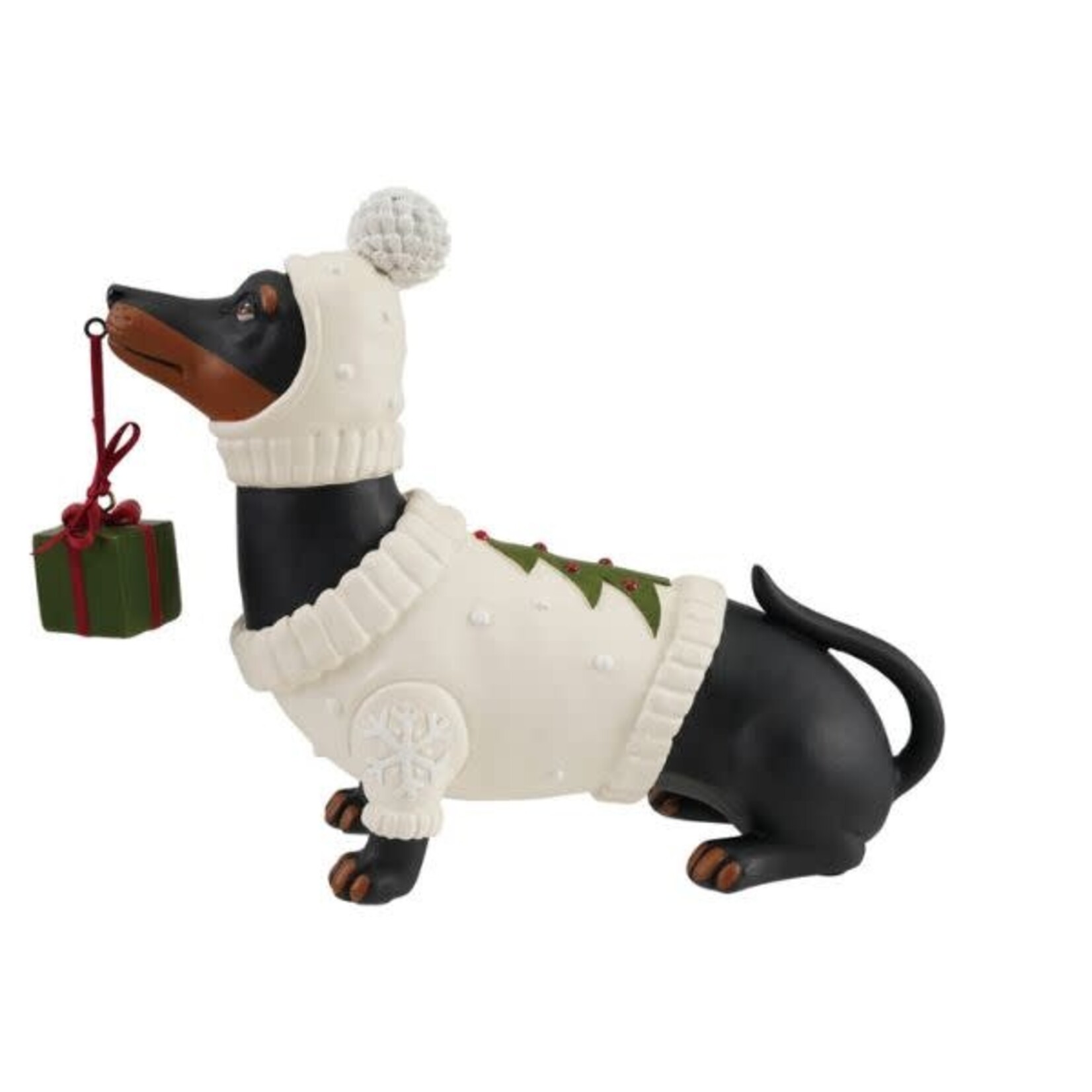 Dachshund in Holiday Sweater & Hat with Present, 10 X 3.25 X 8 in.