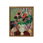 Antique Curiosities Inc Vintage Oil Painting of Flowers in Vase J, Beaded Pewter Frame, 12 X 16 in.