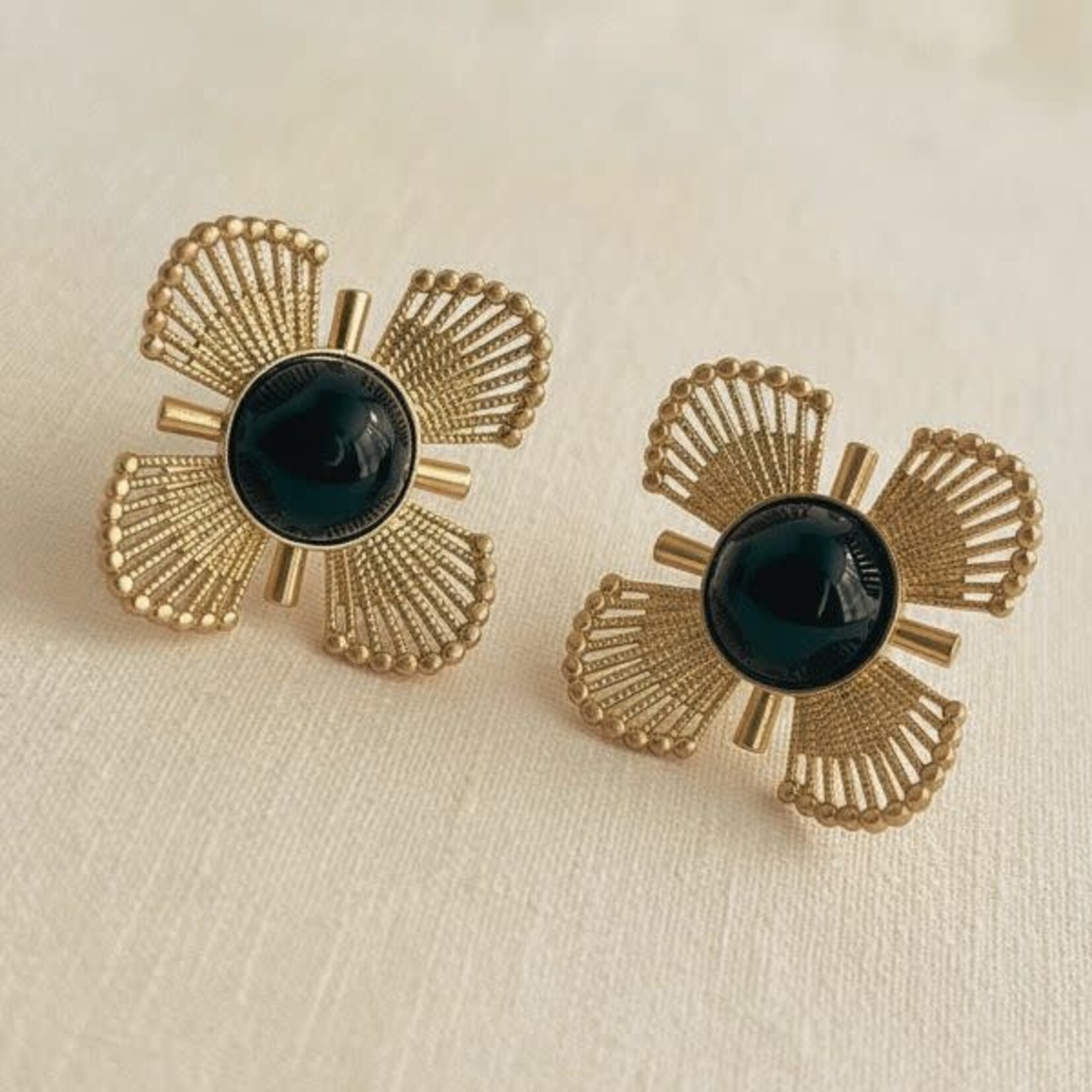 Ellemadera Vintage Floral Design Black Gold Earrings, 2 X 3 in.