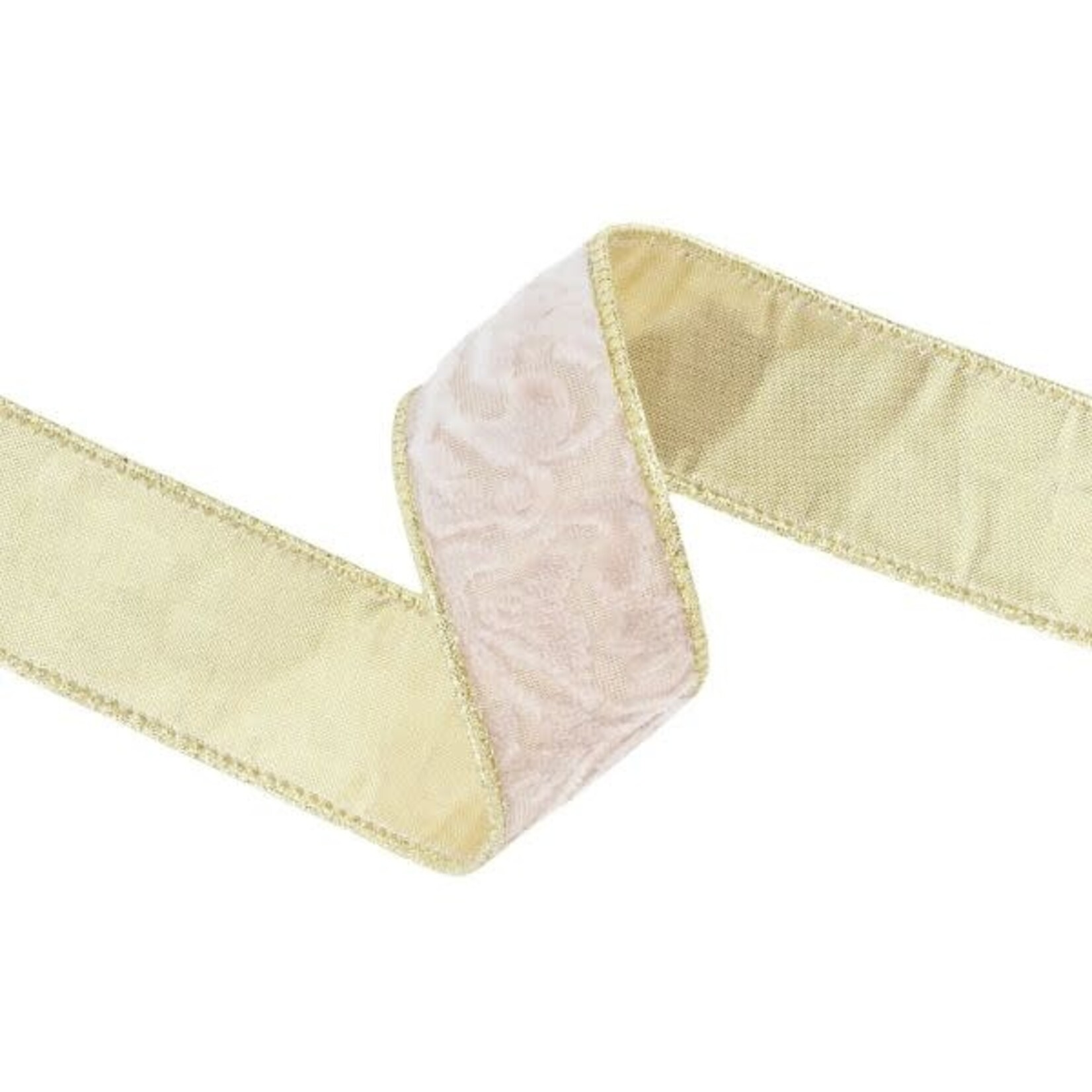 LA Ribbons Wholesale Wired 1.5 in. Double Sided Floral Embossed Velvet Ribbon Ivory and Gold, 10 yd.